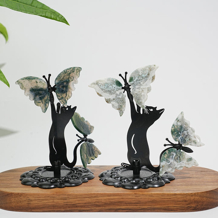 A Slightly Imperfect Natural Crystal Moss Agate Cat With Butterfly