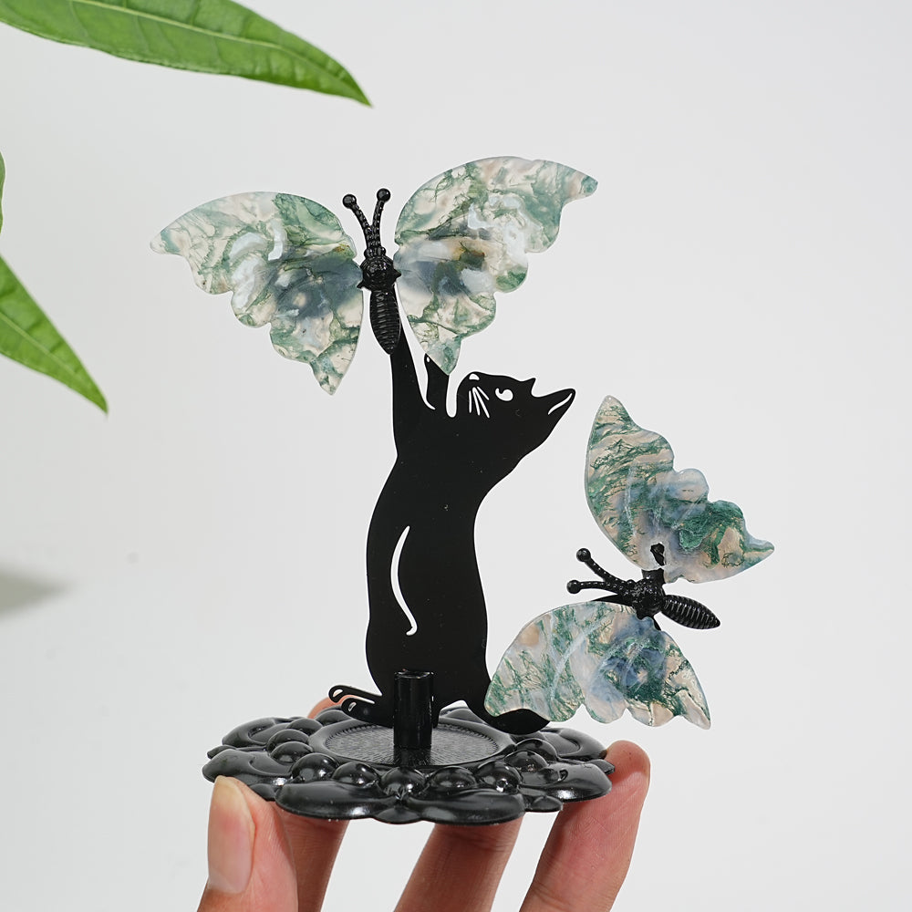 A Slightly Imperfect Natural Crystal Moss Agate Cat With Butterfly