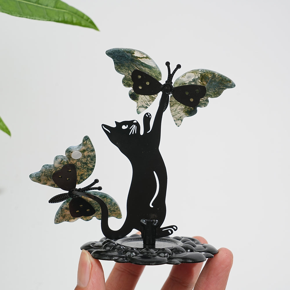 A Slightly Imperfect Natural Crystal Moss Agate Cat With Butterfly