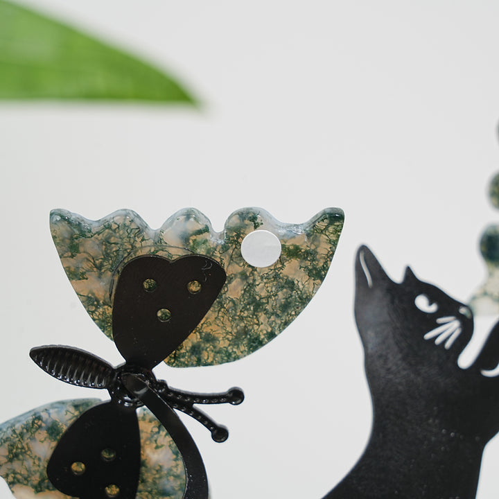 A Slightly Imperfect Natural Crystal Moss Agate Cat With Butterfly