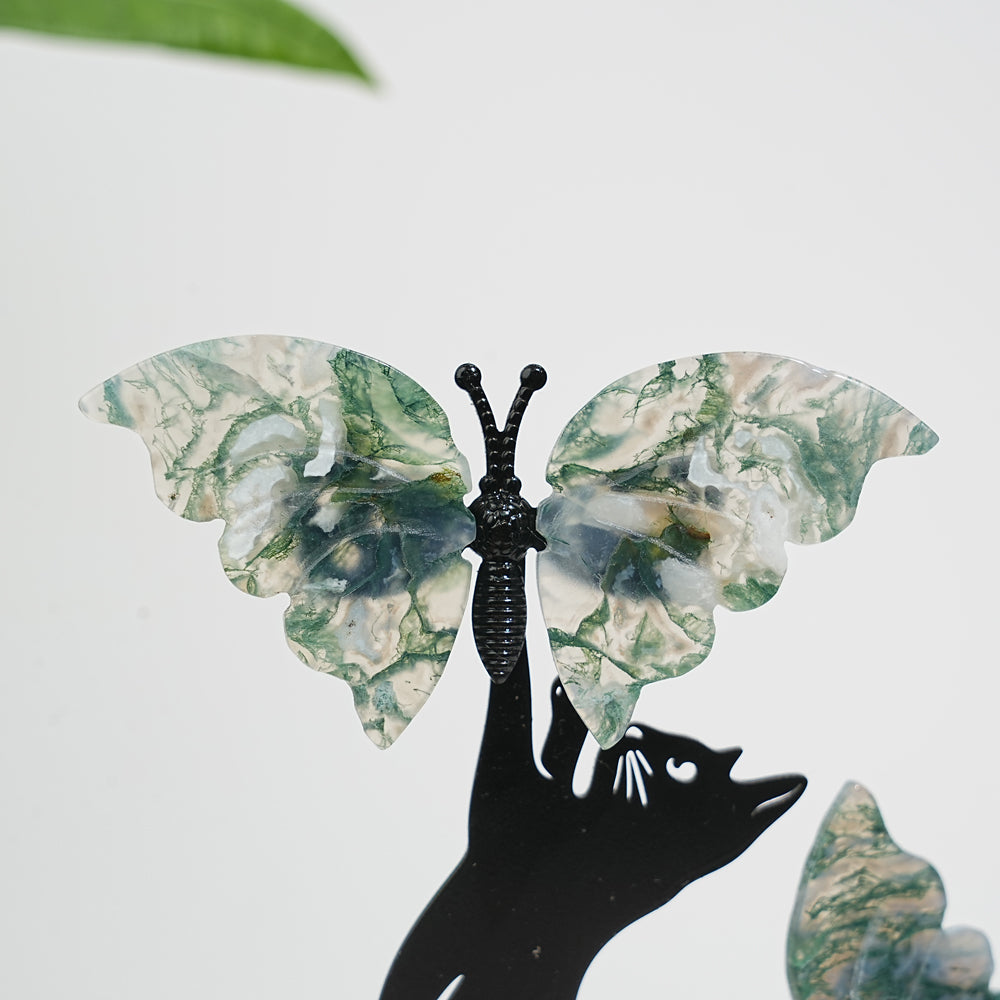 A Slightly Imperfect Natural Crystal Moss Agate Cat With Butterfly
