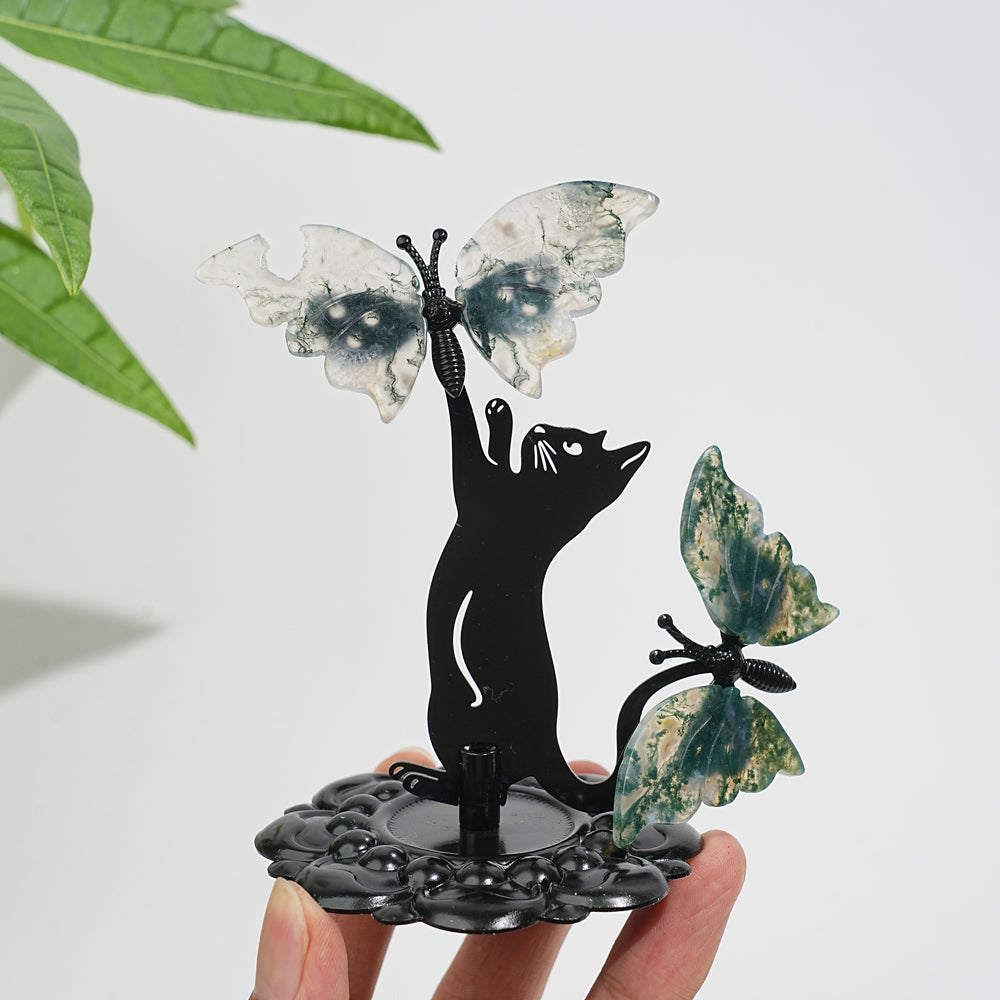 A Slightly Imperfect Natural Crystal Moss Agate Cat With Butterfly