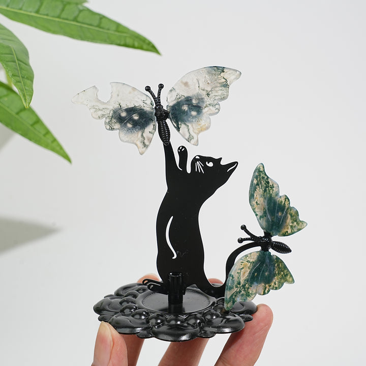 A Slightly Imperfect Natural Crystal Moss Agate Cat With Butterfly