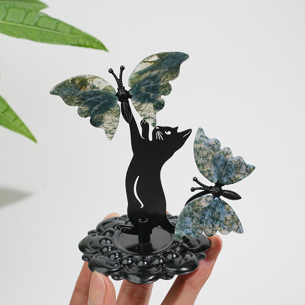 A Slightly Imperfect Natural Crystal Moss Agate Cat With Butterfly