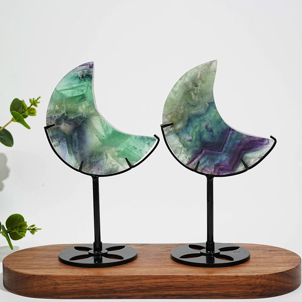 Unique,Natural Crystal Fluorite Moon With Stand