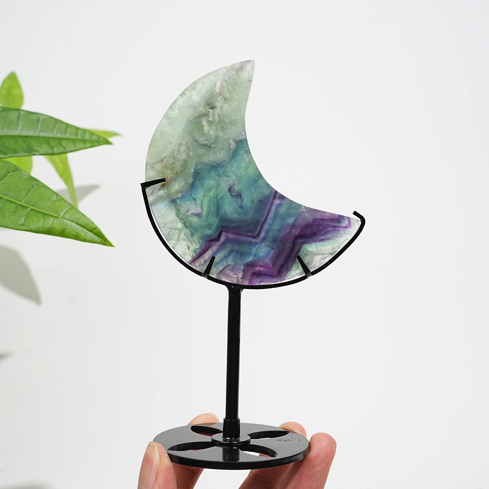 Unique,Natural Crystal Fluorite Moon With Stand