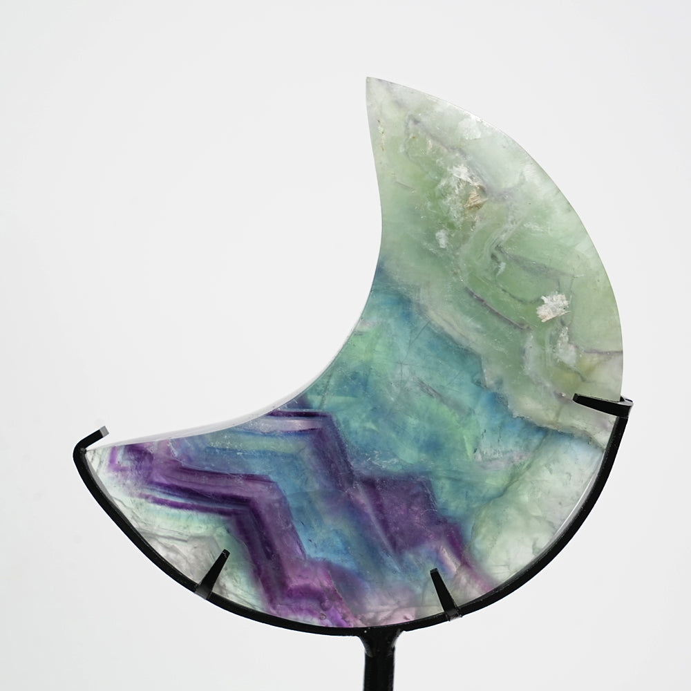 Unique,Natural Crystal Fluorite Moon With Stand
