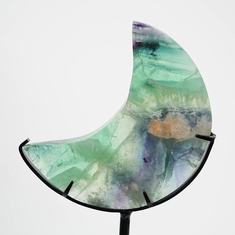 Unique,Natural Crystal Fluorite Moon With Stand