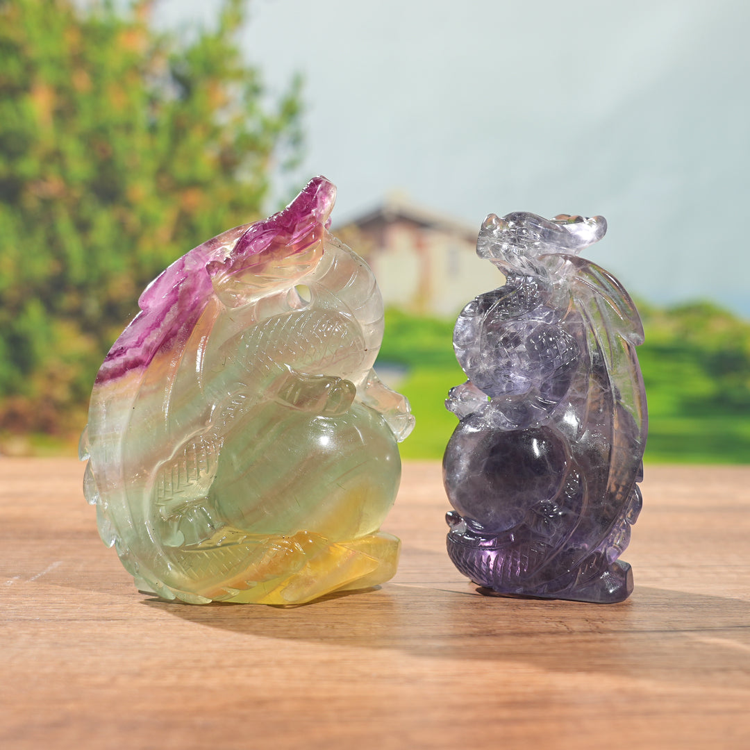 Unique, Natural Carving Fluorite Dragon And Fox