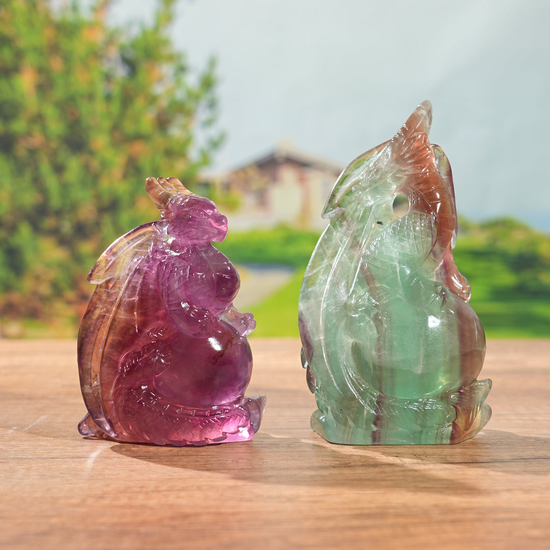 Unique, Natural Carving Fluorite Dragon And Fox