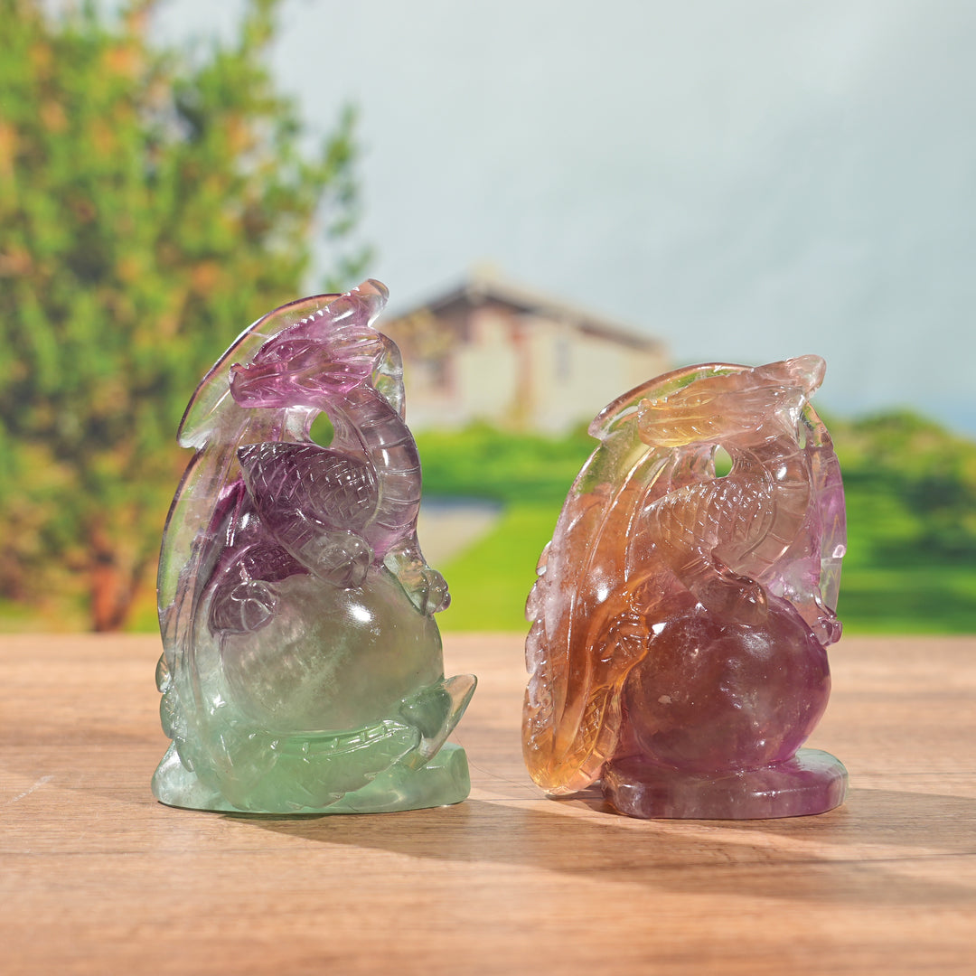 Unique, Natural Carving Fluorite Dragon And Fox