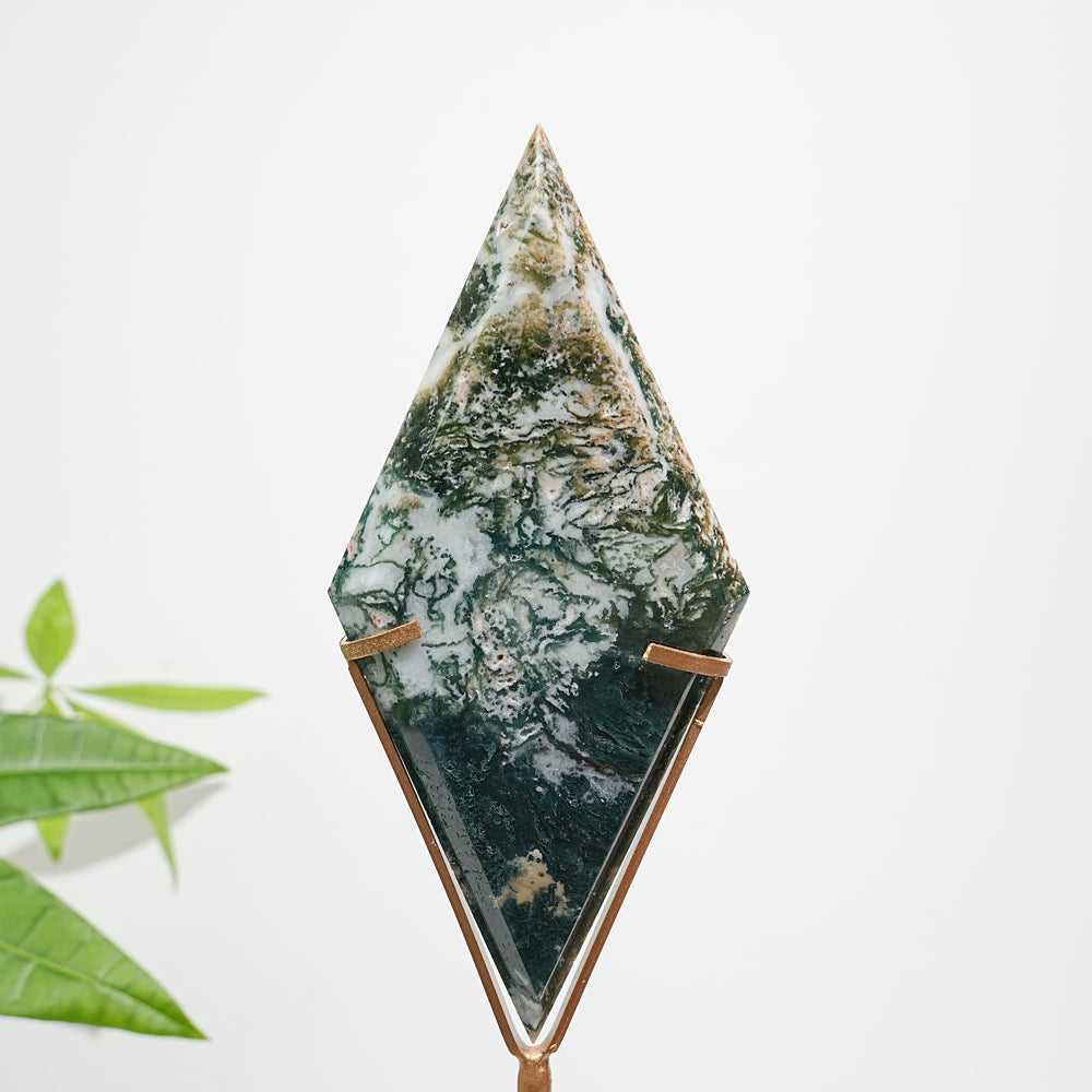 Unique,Natural Moss Agate Diamond Slice With Stand