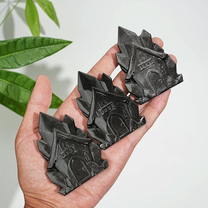 Natural Crystal Silver Obsidian House Carving
