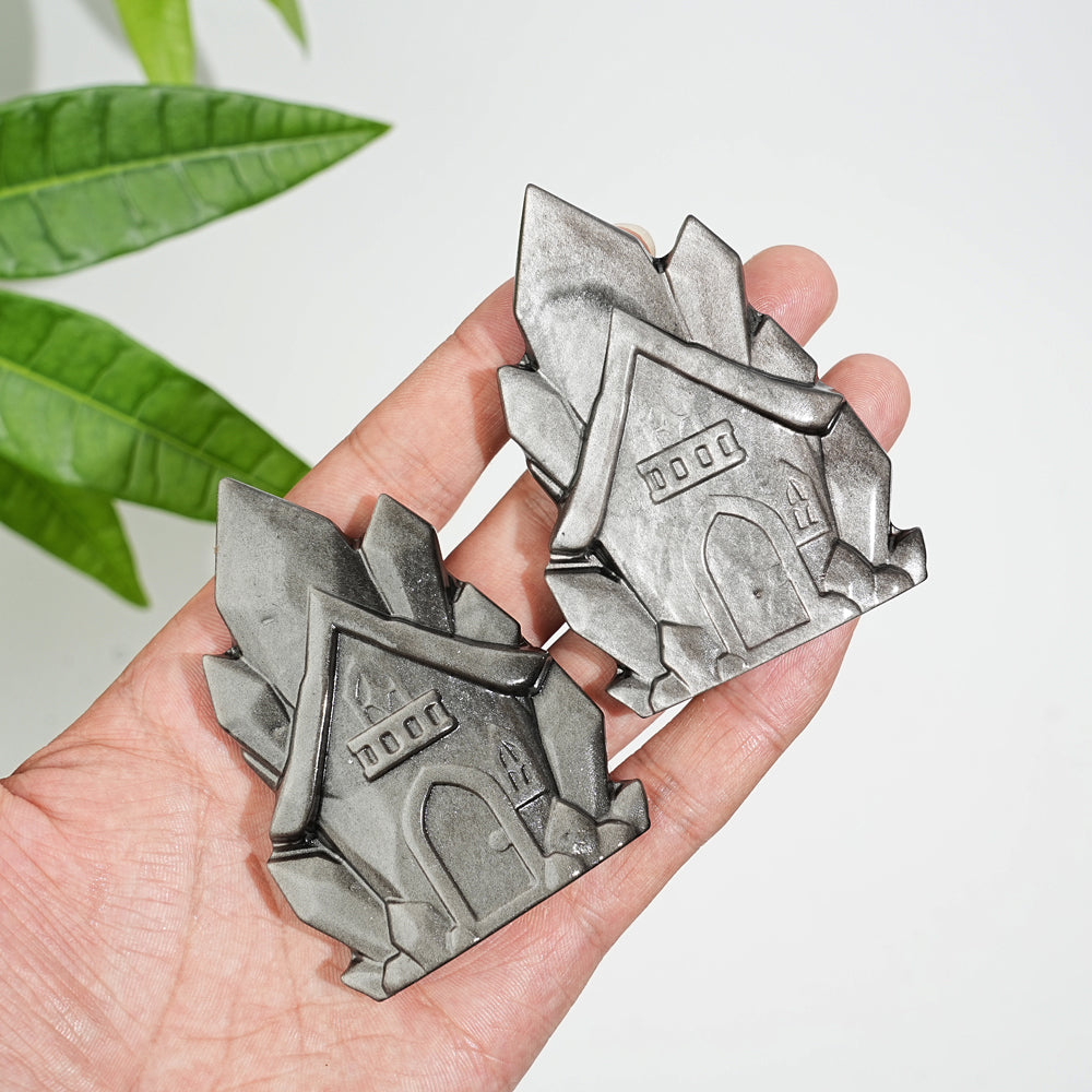 Natural Crystal Silver Obsidian House Carving