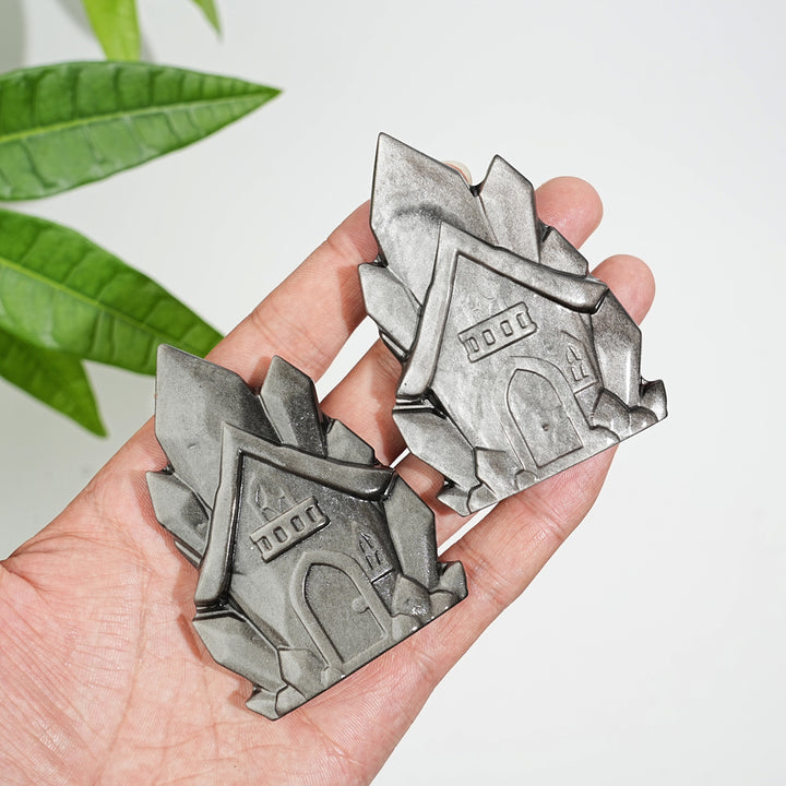 Natural Crystal Silver Obsidian House Carving
