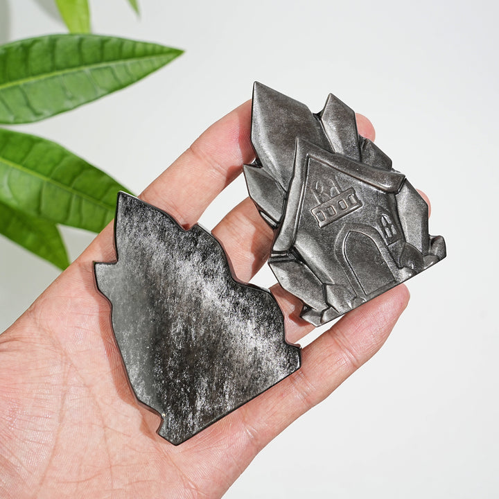 Natural Crystal Silver Obsidian House Carving