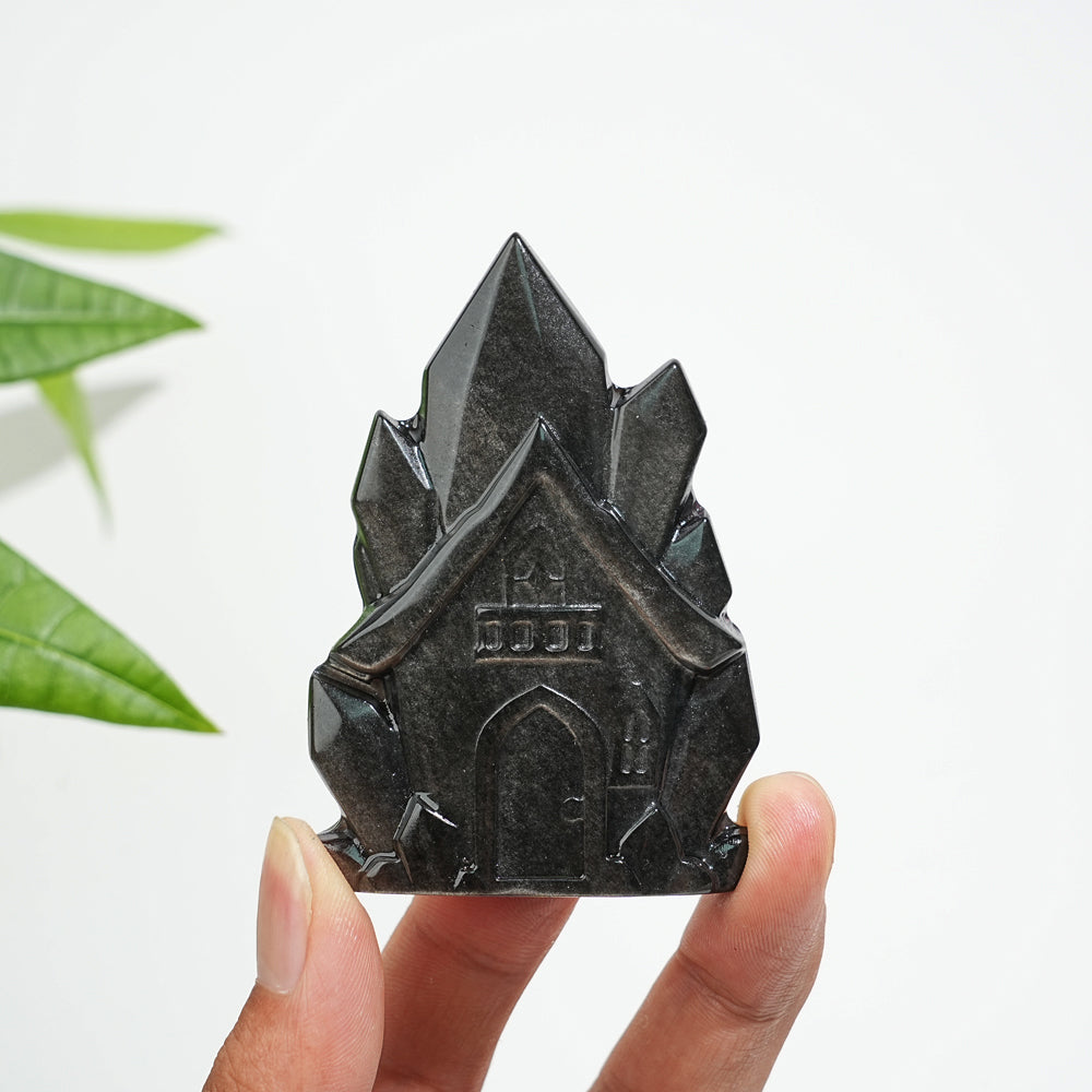 Natural Crystal Silver Obsidian House Carving