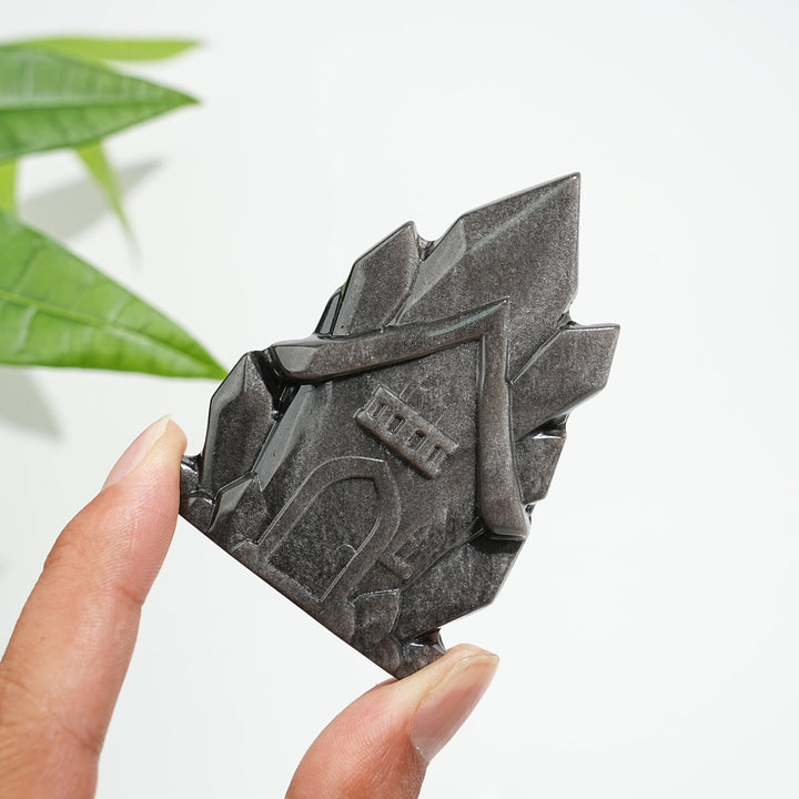 Natural Crystal Silver Obsidian House Carving