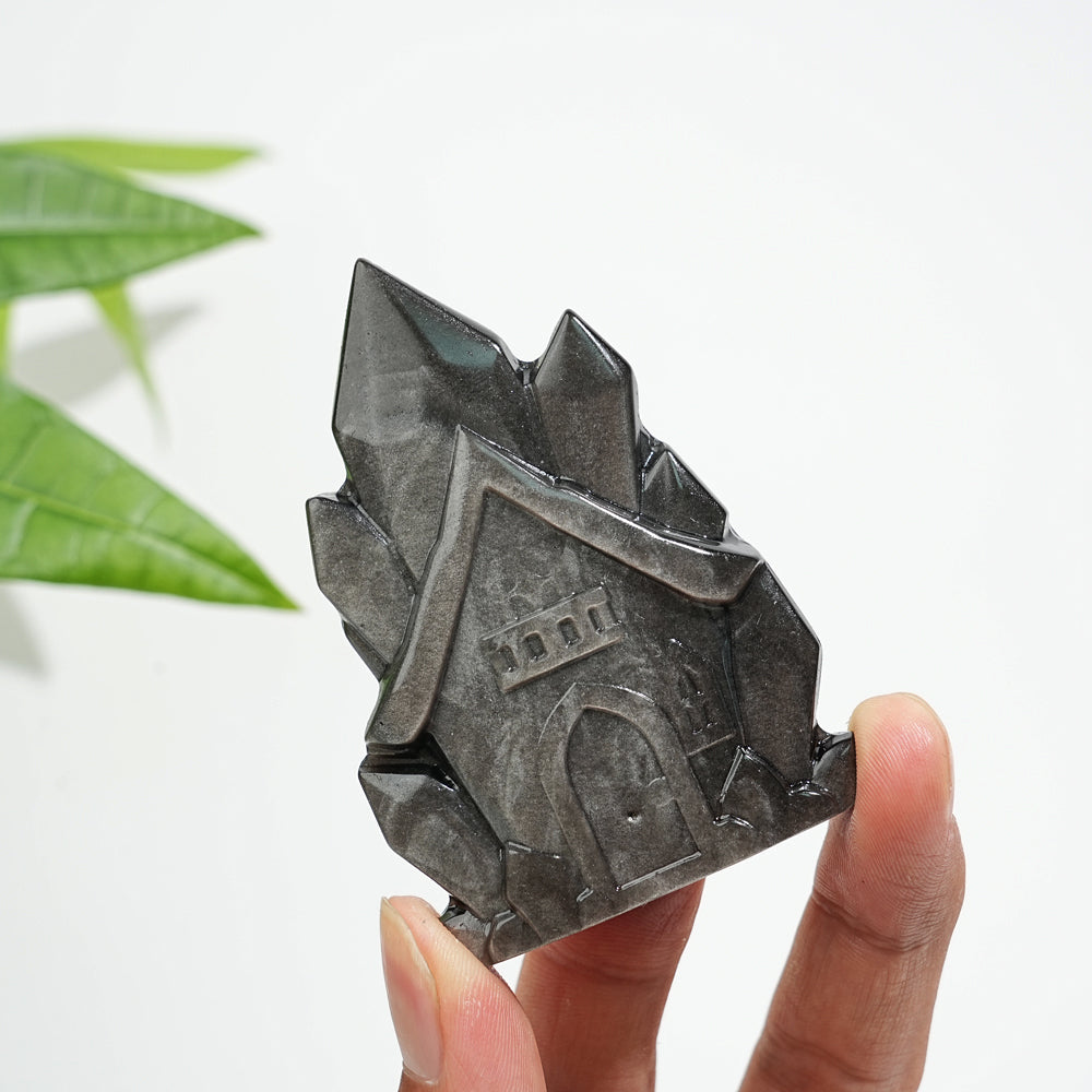Natural Crystal Silver Obsidian House Carving