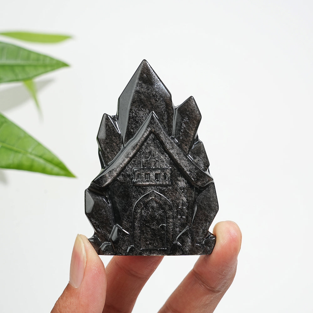 Natural Crystal Silver Obsidian House Carving