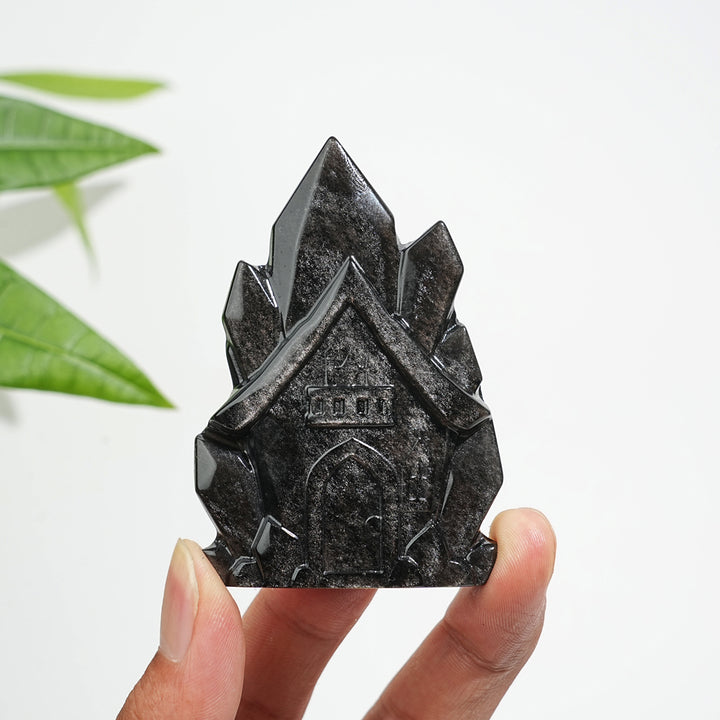 Natural Crystal Silver Obsidian House Carving
