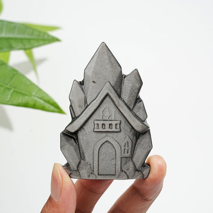 Natural Crystal Silver Obsidian House Carving