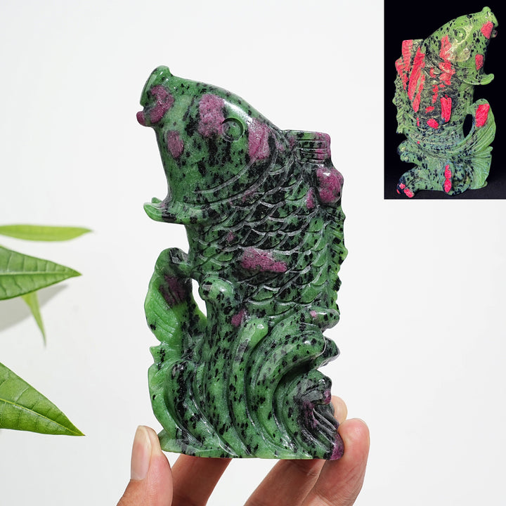 Unique,Natural Crystal Ruby In Zoisite Koi Fish Carving