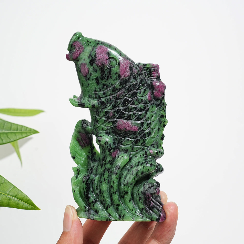 Unique,Natural Crystal Ruby In Zoisite Koi Fish Carving