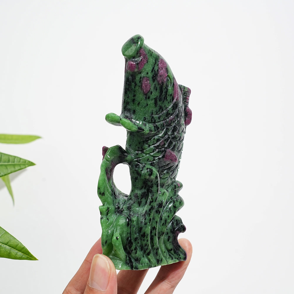 Unique,Natural Crystal Ruby In Zoisite Koi Fish Carving