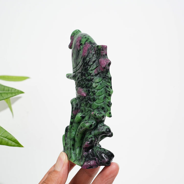 Unique,Natural Crystal Ruby In Zoisite Koi Fish Carving