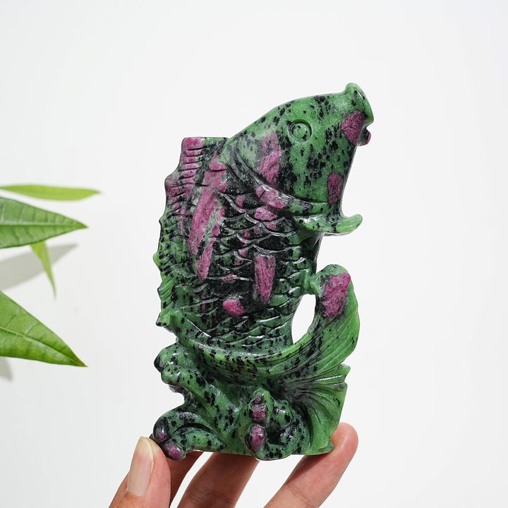 Unique,Natural Crystal Ruby In Zoisite Koi Fish Carving