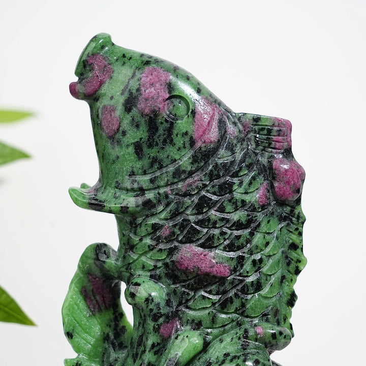 Unique,Natural Crystal Ruby In Zoisite Koi Fish Carving