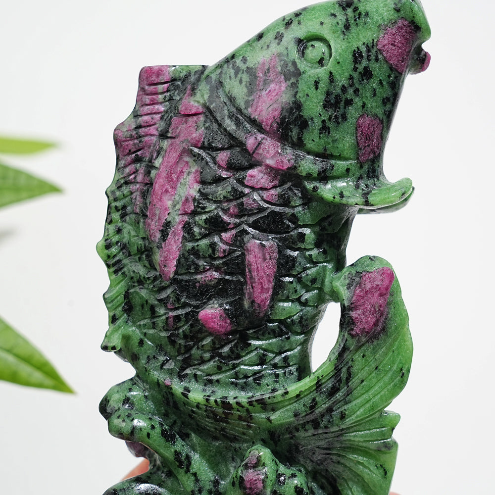 Unique,Natural Crystal Ruby In Zoisite Koi Fish Carving