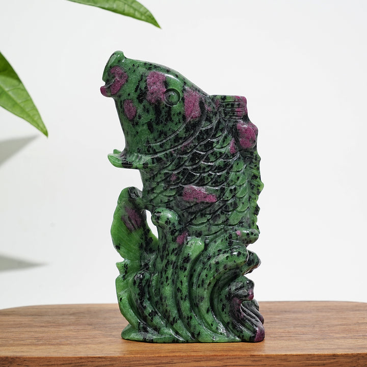 Unique,Natural Crystal Ruby In Zoisite Koi Fish Carving