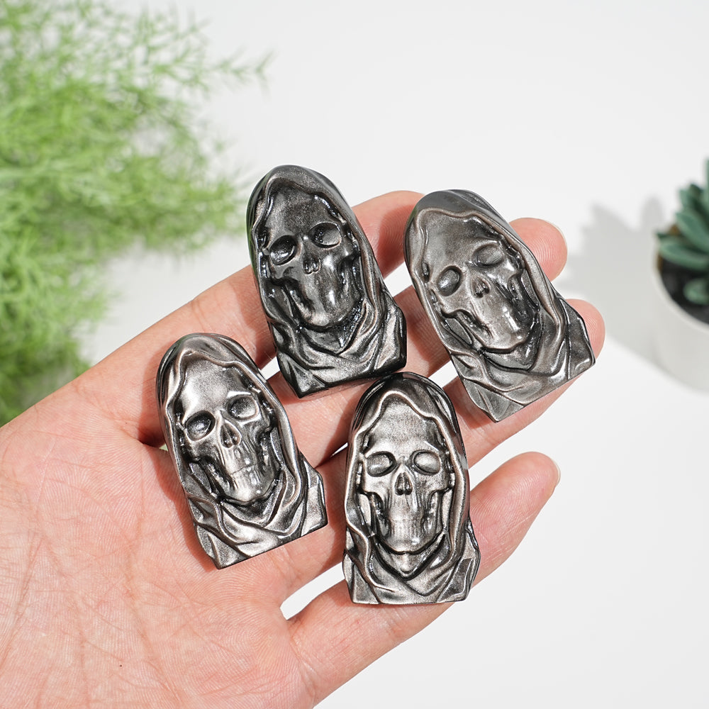 Natural Mystical Silver Obsidian Grim Reaper Carving