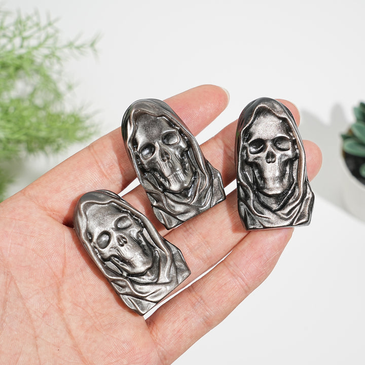 Natural Mystical Silver Obsidian Grim Reaper Carving