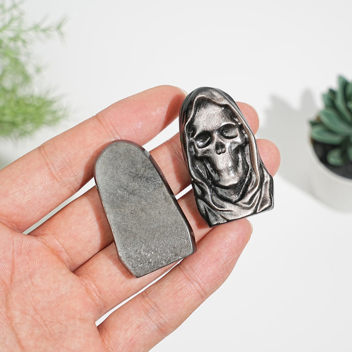 Natural Mystical Silver Obsidian Grim Reaper Carving