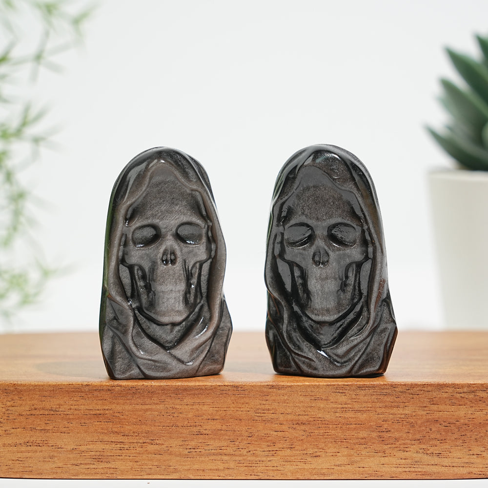 Natural Mystical Silver Obsidian Grim Reaper Carving