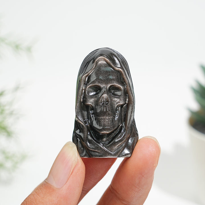 Natural Mystical Silver Obsidian Grim Reaper Carving