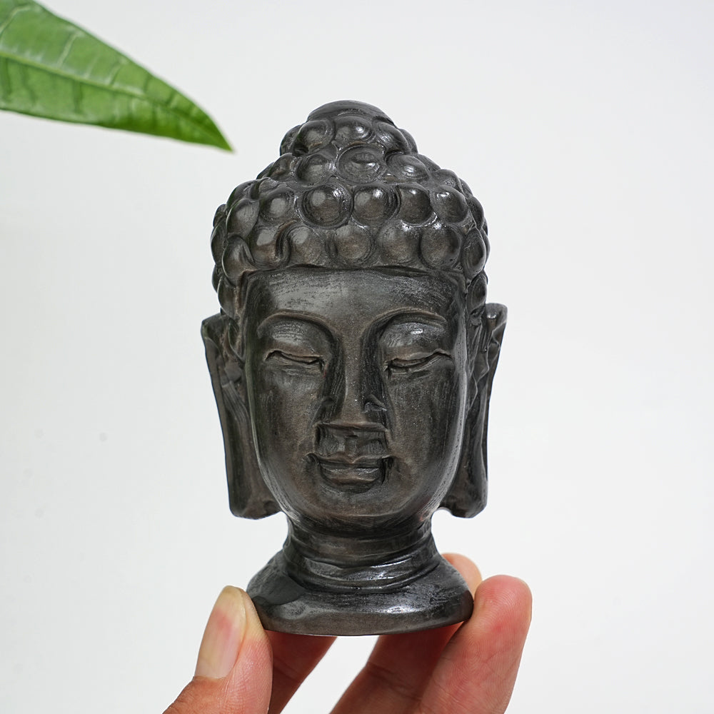 Unique,Natural Crystal Silver Obsidian Buddha Head Carving