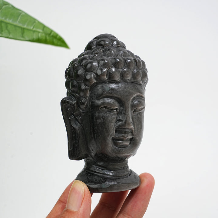 Unique,Natural Crystal Silver Obsidian Buddha Head Carving