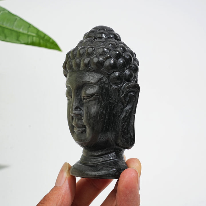 Unique,Natural Crystal Silver Obsidian Buddha Head Carving