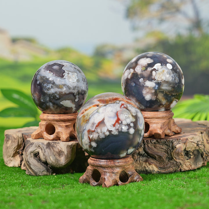 Natural Black Flower Agate Sphere