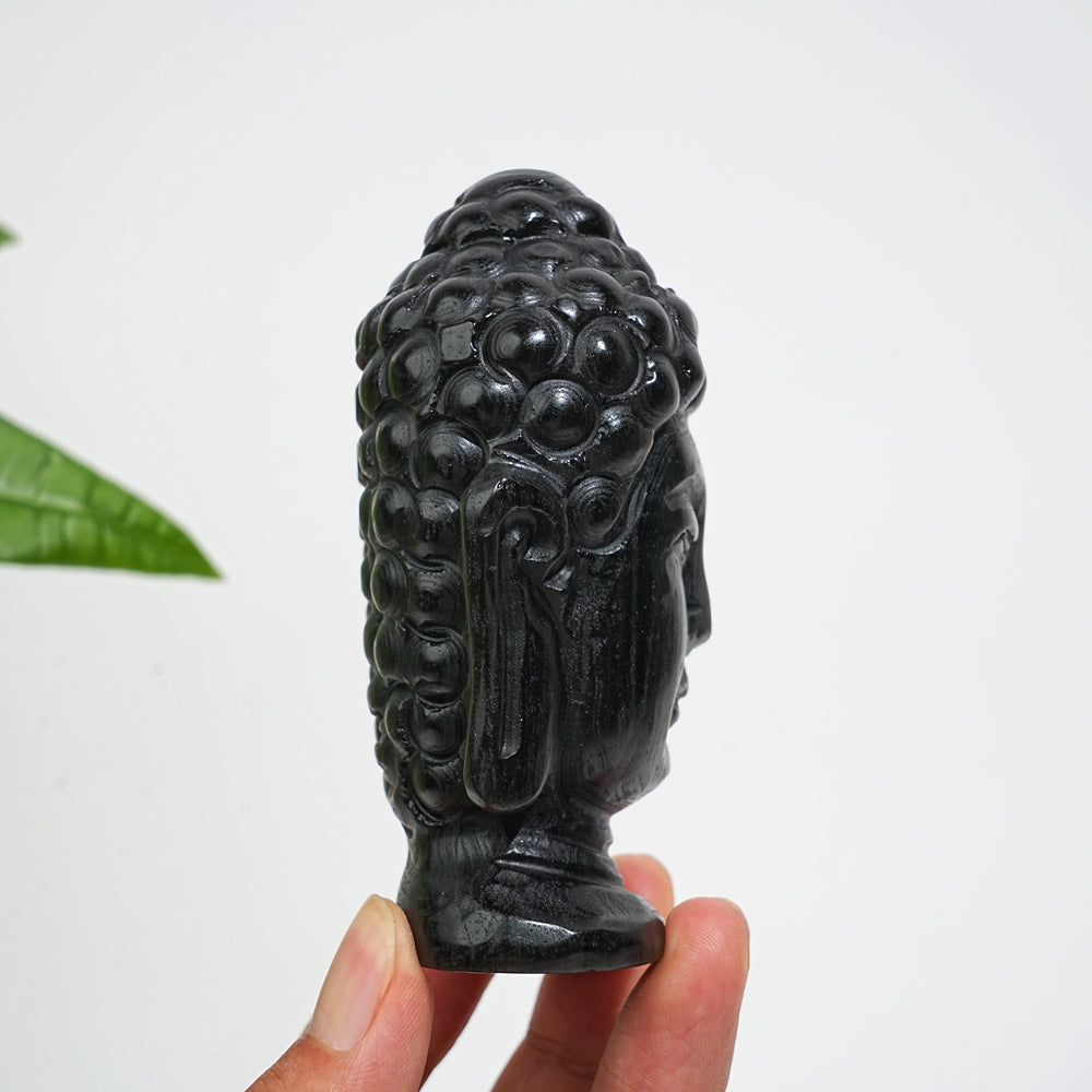 Unique,Natural Crystal Silver Obsidian Buddha Head Carving