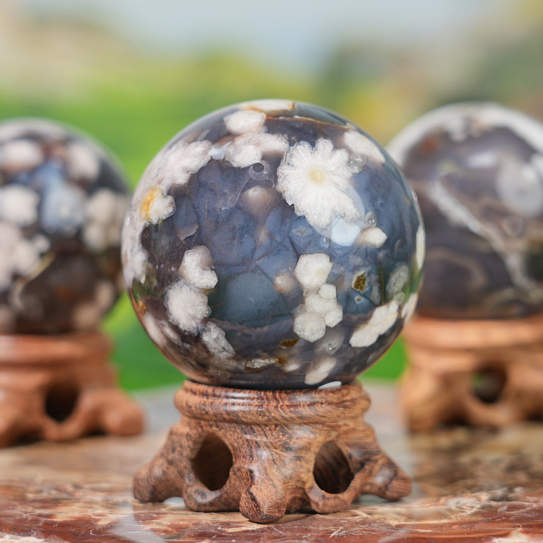 Natural Black Flower Agate Sphere