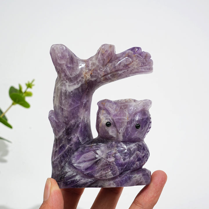 Unique,A Slightly Imperfect Natural Crystal Dream Amethyst Owl On Tree Branch Carving