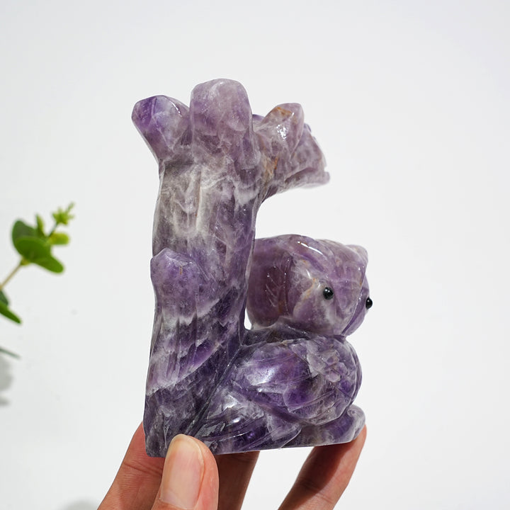 Unique,A Slightly Imperfect Natural Crystal Dream Amethyst Owl On Tree Branch Carving