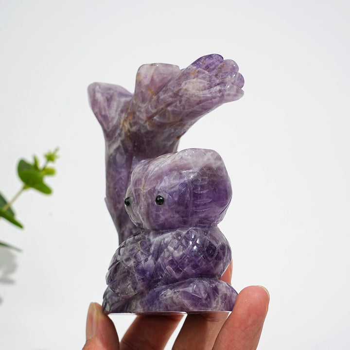 Unique,A Slightly Imperfect Natural Crystal Dream Amethyst Owl On Tree Branch Carving
