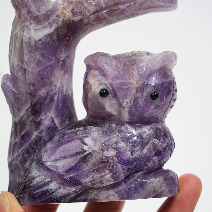 Unique,A Slightly Imperfect Natural Crystal Dream Amethyst Owl On Tree Branch Carving