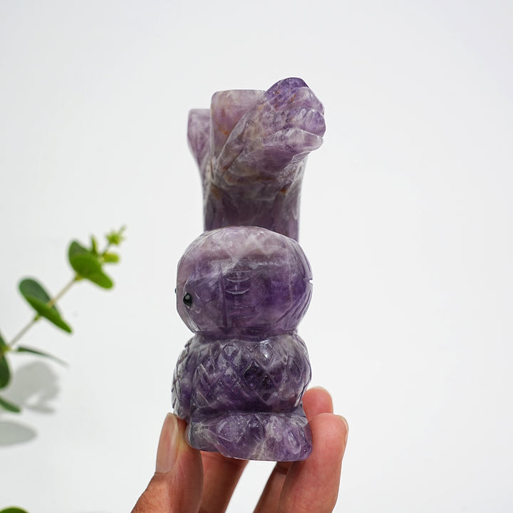 Unique,A Slightly Imperfect Natural Crystal Dream Amethyst Owl On Tree Branch Carving